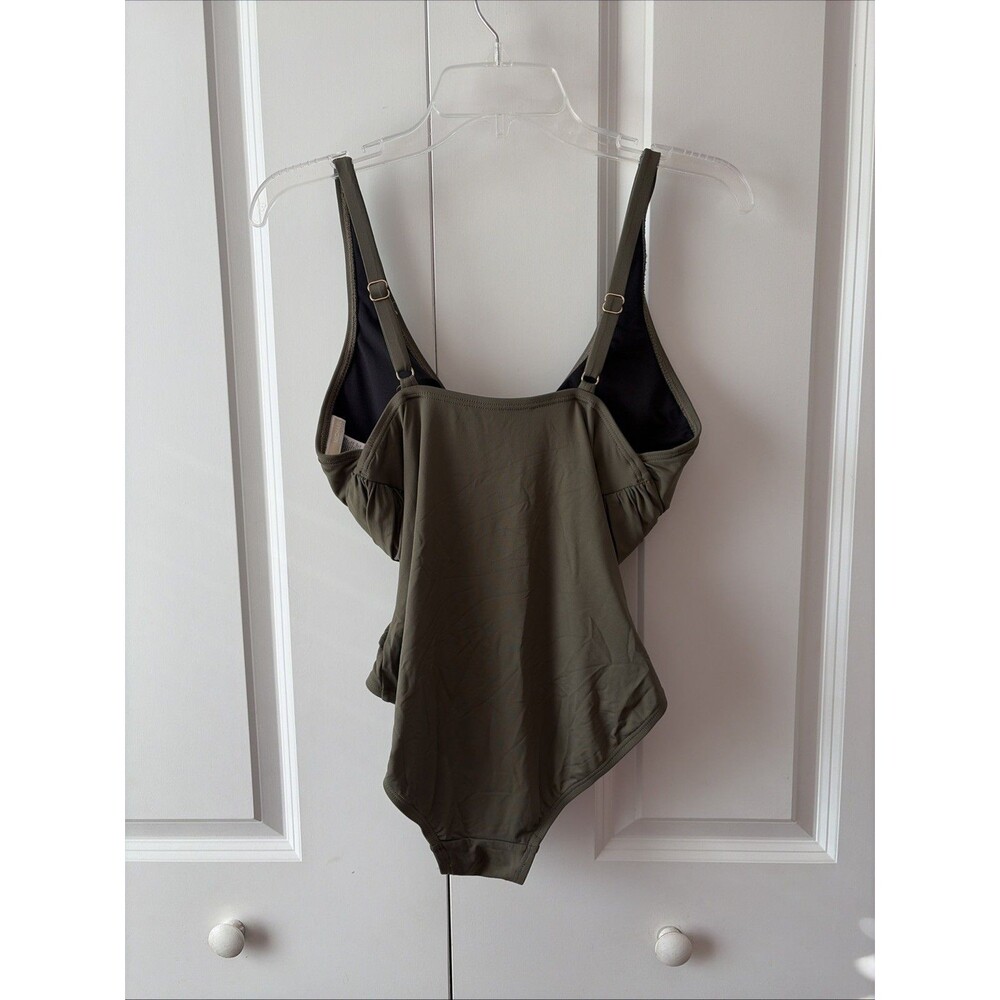 Michael Kors One Piece Green Swimsuit w/Gold Circle Logo Hardware Women's Sz 10 - Picture 3 of 4